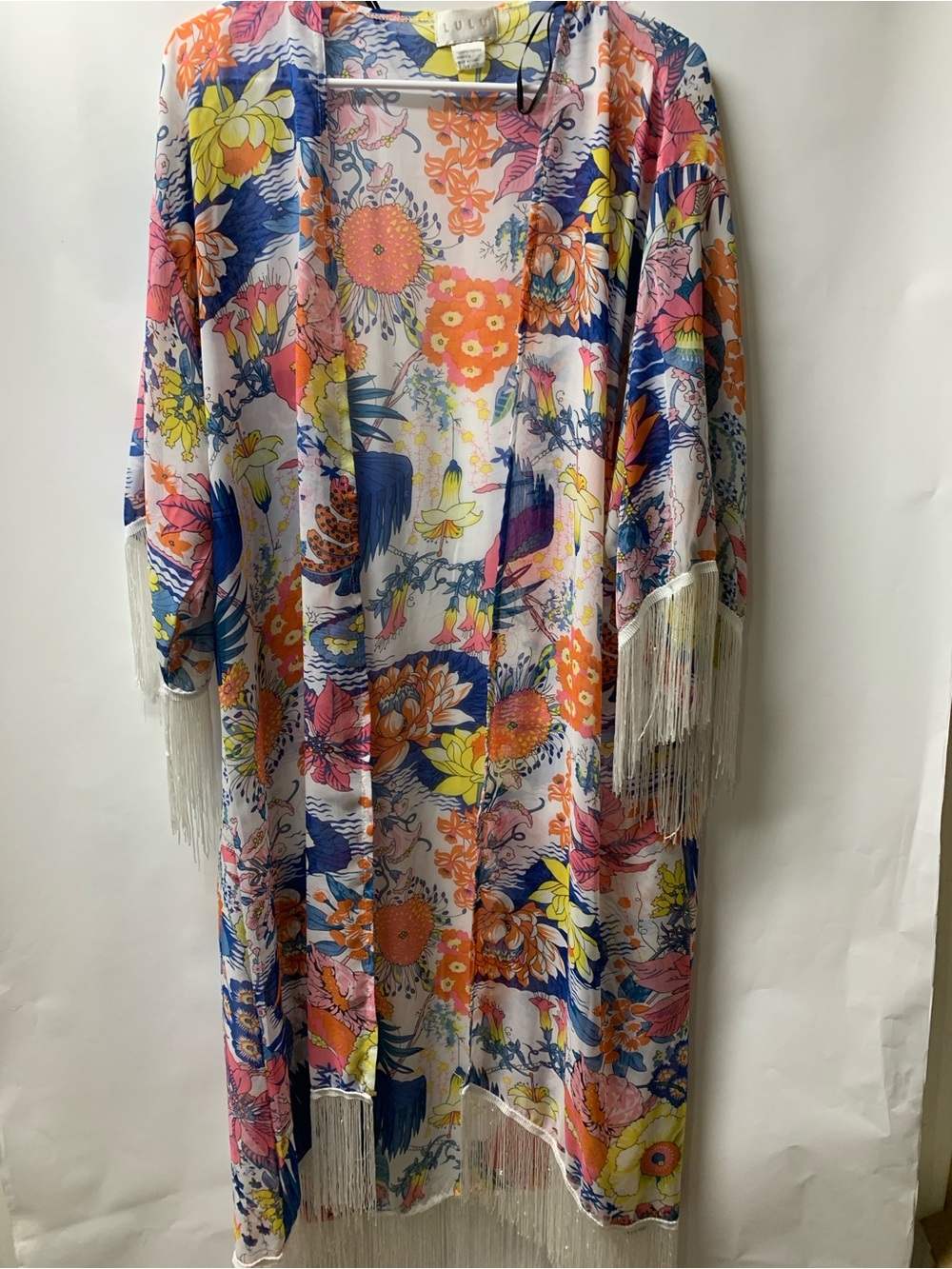 lulu Floral Fringe Kimono in Blue, Pink & Orange
